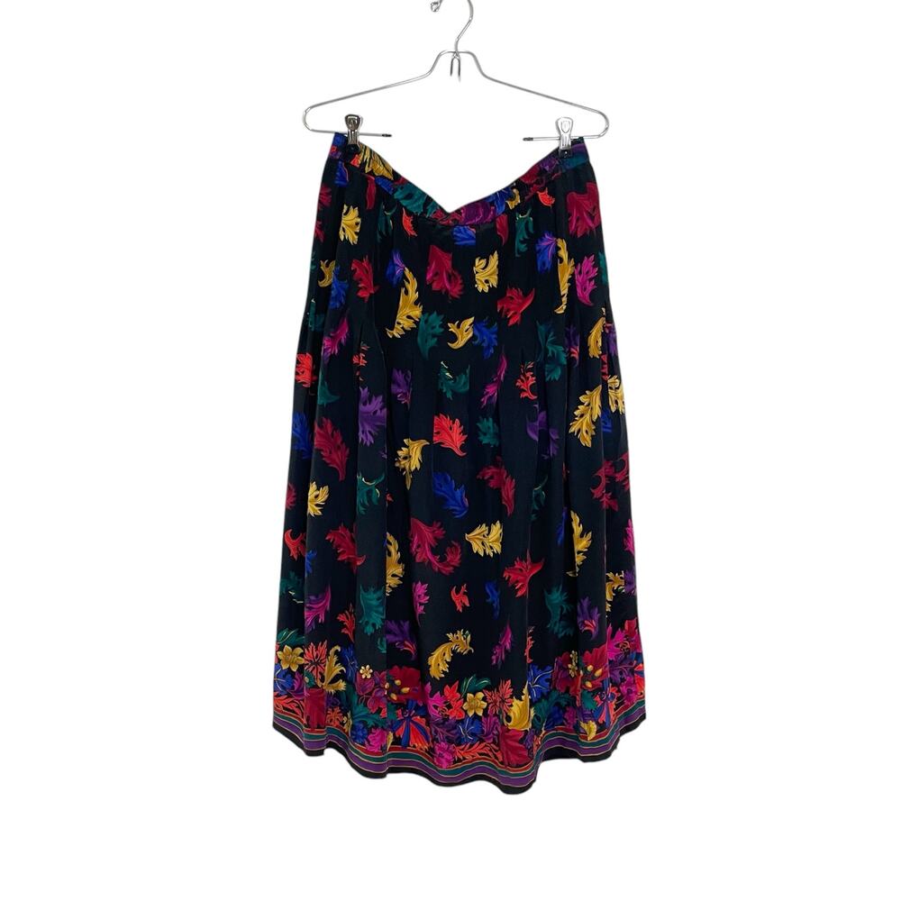 Vintage Women's 80s Sz L Black Silk Pleated Leaf Print Midi Skirt -Silk Boutique